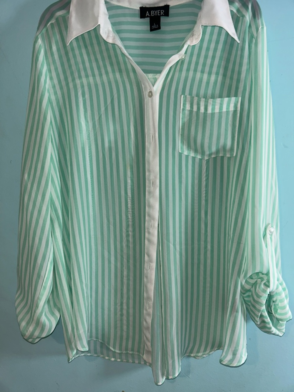 A. Byer Mint and White Vertical Stripe Button-Down Shirt
